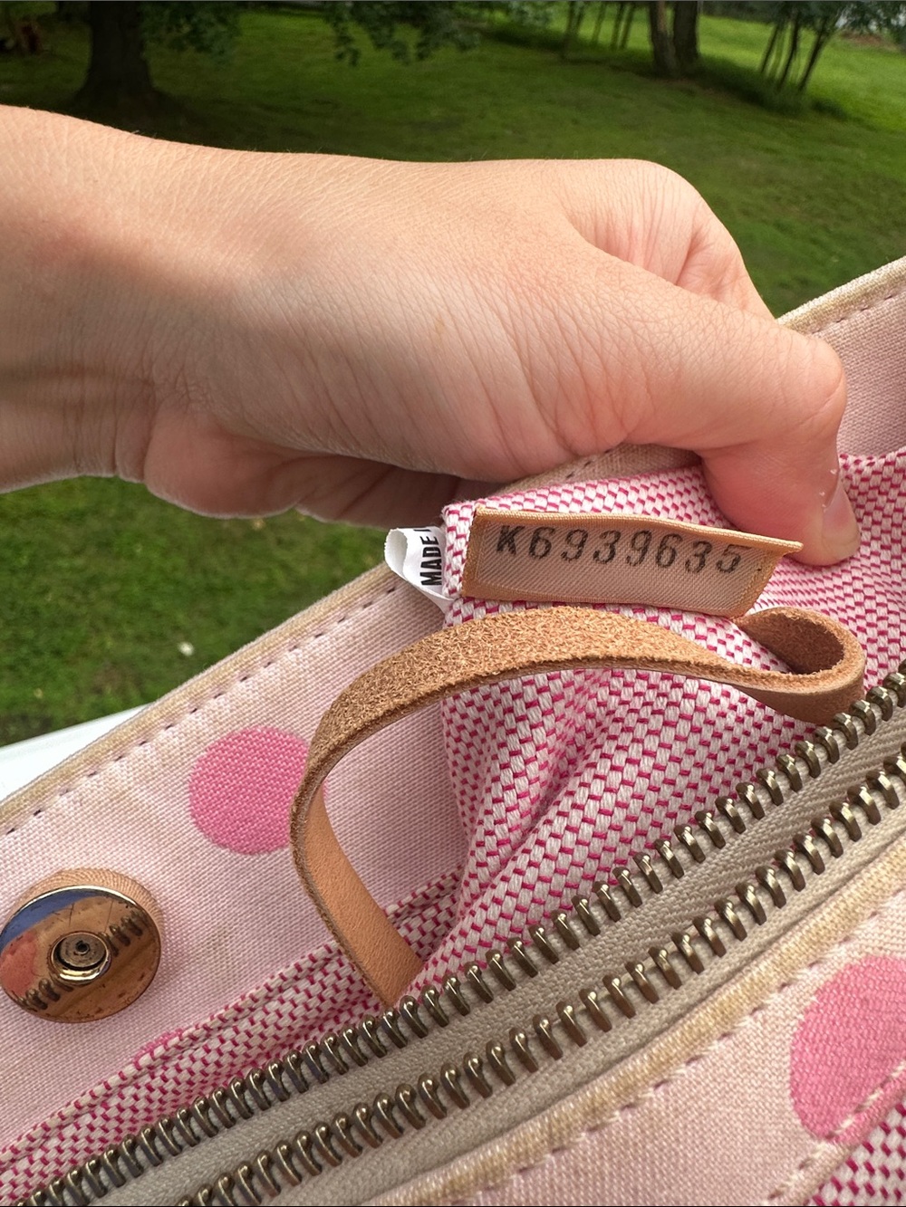 Dooney & Bourke East/West Pink Polka Dot Tote Bag with Tan Straps - Picture 2 of 15